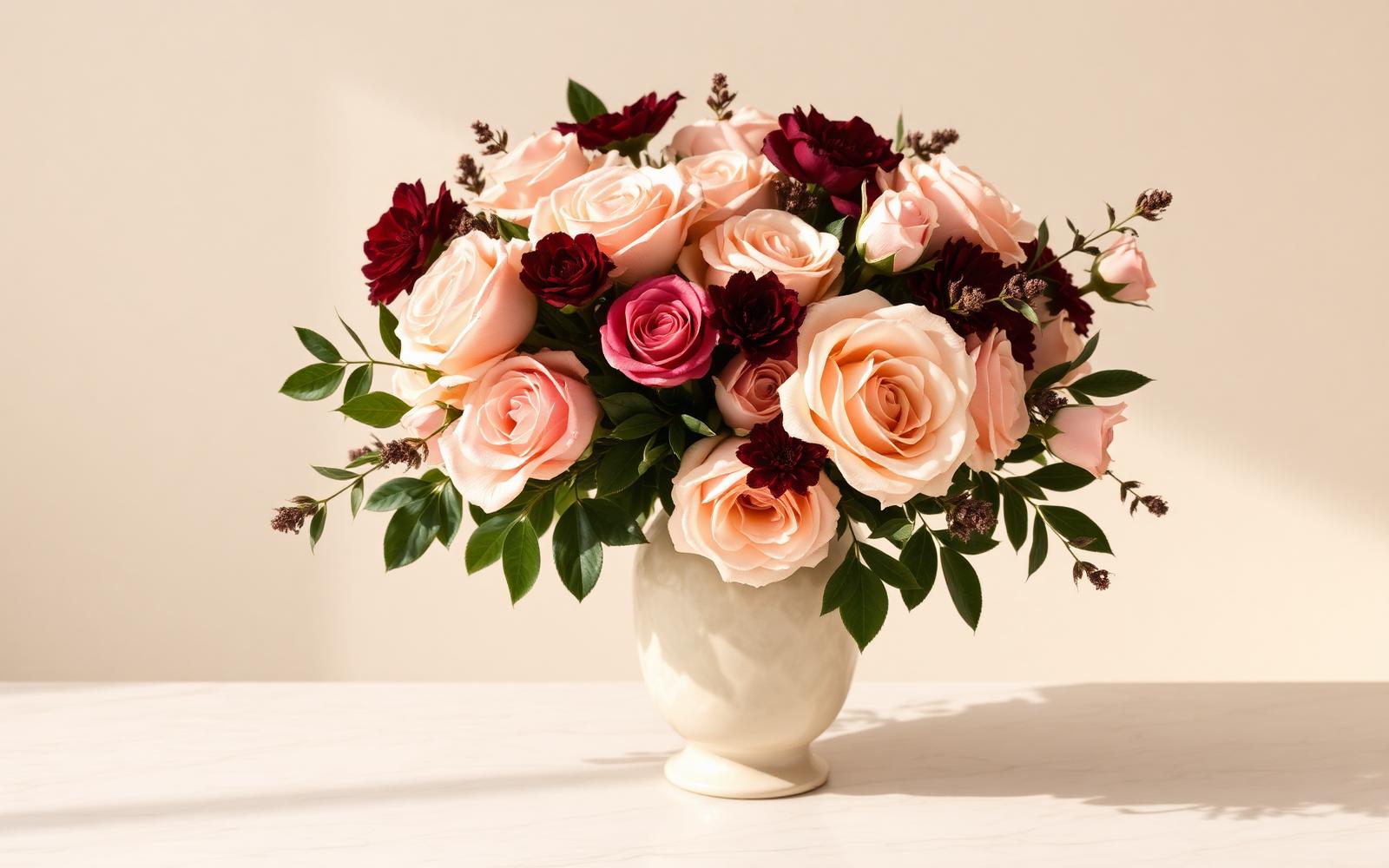 Luxury blush and burgundy floral arrangement in a cream vase