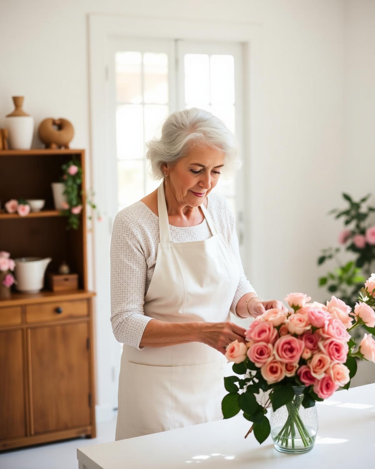 Rosa arranging roses in a bright studio