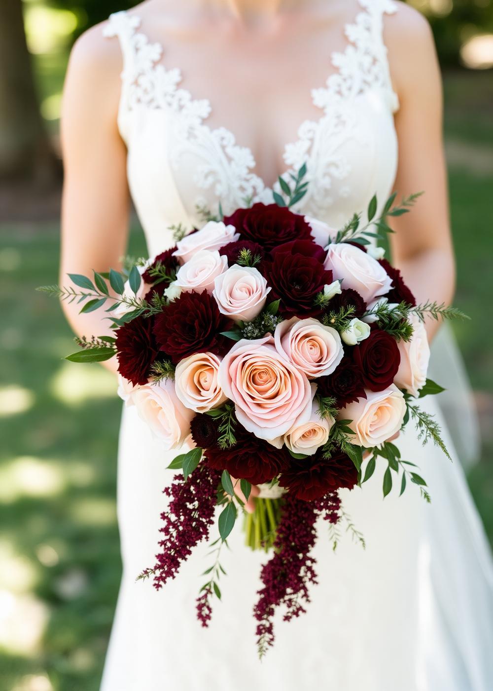 Bride holding a lush blush and burgundy bouquet